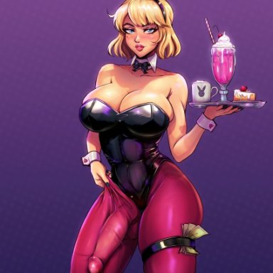 pururart, 1futa, big breasts, big penis, blonde hair, breasts, bulge, bunny ears, bunny girl, bunnysuit, clothed, clothing, erection, erection under clothes, fully clothed