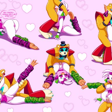 five nights at freddy's, scottgames, glamrock chica (fnaf), glamrock freddy (fnaf), skeletonguys-and-ragdolls, accessory, all fours, animatronic, anthro, anthro on anthro, anthro penetrated, anthro penetrating, anthro penetrating anthro, arch position, areola