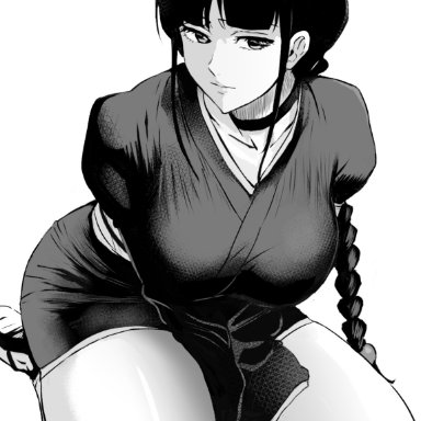 bleach, kurotsuchi nemu, daraz18aka, arms between legs, bangs, blunt bangs, braid, braided ponytail, breasts, busty, choker, hime cut, kimono, large breasts, long hair