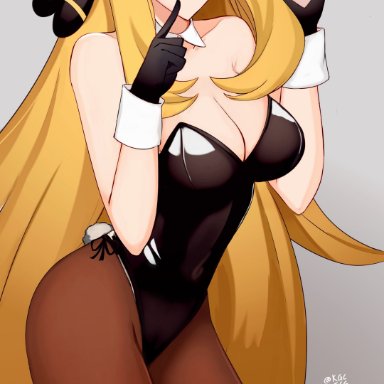 nintendo, pokemon, valentine's day, cynthia (pokemon), kgctcg, 1girls, alternate costume, black gloves, blonde hair, breasts, bunnysuit, clothed, clothing, female, finger to mouth