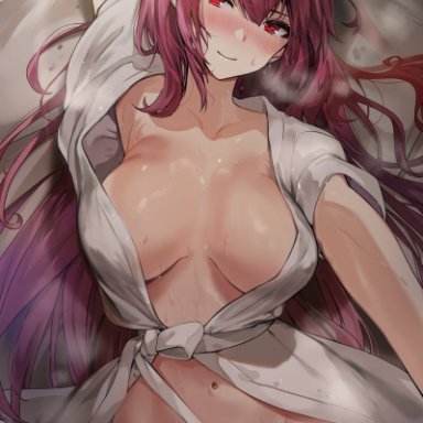 fate/grand order, fate (series), scathach (fate), alracoco, arms up, bangs, blunt bangs, blush, breasts, cleavage, female, front-tie top, long hair, looking at viewer, lying