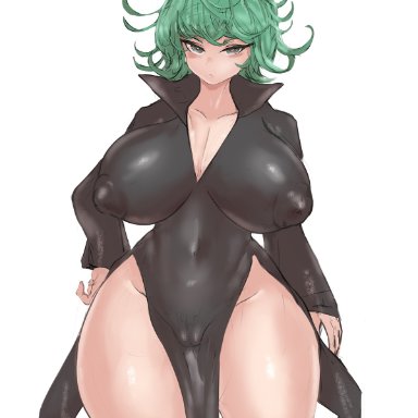 one-punch man, tatsumaki, girlsay, big breasts, black dress, blush, breasts, cameltoe, dress, green eyes, green hair, large breasts, looking at viewer, navel, nipple bulge