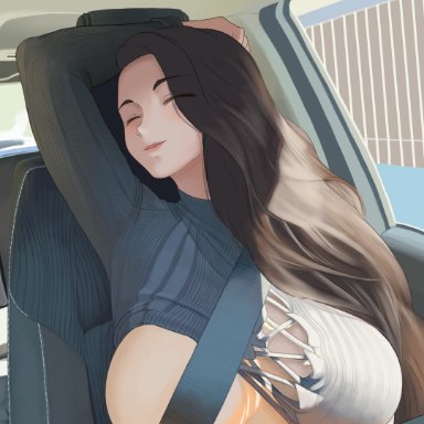 original, niksoncrazy, arm behind head, black sweater, breasts, breasts apart, brown hair, car interior, car seat, cleavage cutout, closed eyes, clothing cutout, eyebrows visible through hair, eyes visible through hair, female