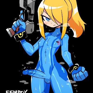 metroid, nintendo, samus aran, zero suit samus, crap-man, 1boy, black background, blonde hair, blue eyes, bodysuit, erect penis, erection under clothes, femboy, girly, hair over one eye