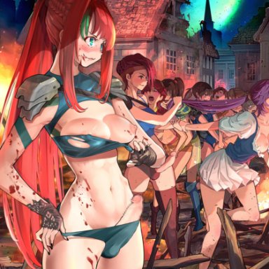 original, shiratama (monster1553), 6+girls, abs, armor, big breasts, big penis, bikini, black nails, blood, blood splatter, blue bikini, blue legwear, breasts, brown gloves