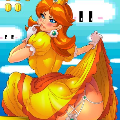 mario (series), nintendo, super mario bros., princess daisy, darkereve, ass, big ass, big butt, blue eyes, blush, bubble ass, bubble butt, cloud, coin, crown