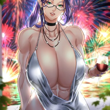 phantasy star online 2, cherise (sable), original character, anima (togashi), 1girls, cleavage, drink, glasses, huge breasts, looking at viewer, muscular female, purple hair