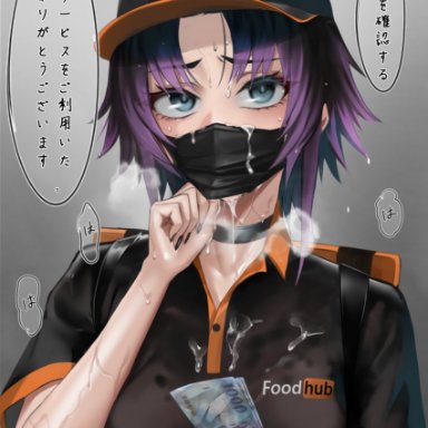 original, ikemeru19's delivery boy, ikemeru19, 1boy, after fellatio, backpack, bag, bangs, black choker, black hair, black mask, black nails, black shirt, blue eyes, blush