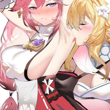 genshin impact, lumine (genshin impact), yae (genshin impact), 2girls, armpit, armpit fetish, arms up, blonde hair, blush, breast grab, breasts, closed eyes, female, female only, fox ears