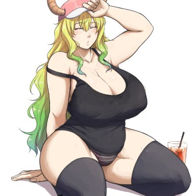 miss kobayashi's dragon maid, quetzalcoatl (dragon maid), batako, 1girls, ass, big breasts, black thighhighs, blush, breasts, curvy, female, female only, hat, horns, huge breasts