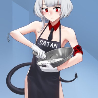 helltaker, satan, ikemeru19, 1boy, apron, apron only, cooking, demon, demon horns, demon tail, devil horns, devil tail, eyebrows visible through hair, femboy, feminine male