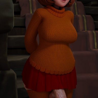 scooby-doo, velma dinkley, banap, big penis, brown hair, futanari, glasses, hands behind back, looking at viewer, nerd, short hair, skirt, solo futa, 3d, 3d (artwork)