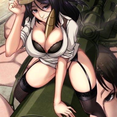 attack on titan, shingeki no kyojin, cart titan, pieck finger, moris, 1girls, alternate costume, arm support, big breasts, black eyes, black hair, bottomless, bra, breasts, bullet