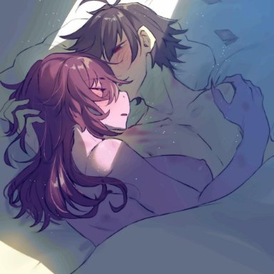 deltarune, undertale, kris (deltarune), susie (deltarune), ss komu, 1girl1boy, bed, blush, brown hair, condom wrapper, holding partner, lying on bed, pillow, pink hair, pink skin