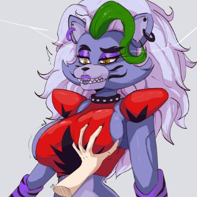 five nights at freddy's, roxanne wolf (fnaf), roxy, josebonn, 1girl, 1girls, animatronic, annoyed, annoyed expression, big breasts, boobs, breast grab, breasts, canid, canid humanoid