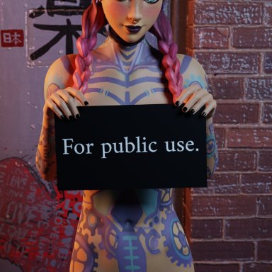 fortnite, jules (fortnite), darkbahamuth, cum, cum in pussy, holding sign, petite, piercing, public, public nudity, street, tattoo, tattoos, 3d