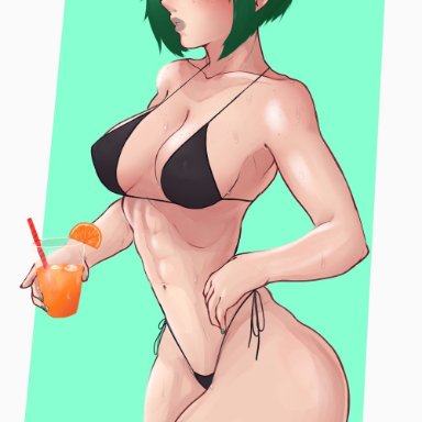 rainbow six, rainbow six siege, ela (rainbow six), lettuce uwu, 1girls, abs, bra, breasts, eyewear on head, female, female only, green hair, solo, sunglasses, sunglasses on head