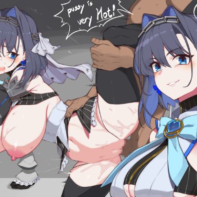 hololive, hololive english, youtube, ouro kronii, yanje, 1boy, 1girl, 1girls, bangs, black hair, black legwear, blue eyes, blue hair, blush, breasts