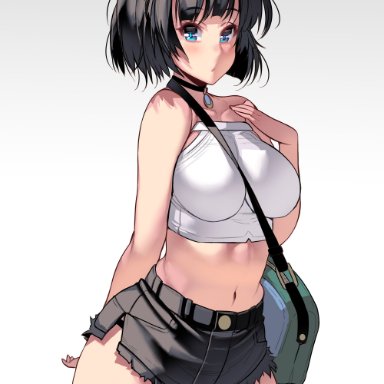 original, masao, black hair, blue eyes, bob cut, booty shorts, choker, crop top, cutoffs, female, female only, hair ribbon, hairbow, hotpants, medium breasts