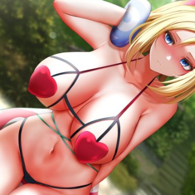 nintendo, pokemon, pokemon legends: arceus, irida (pokemon), ginhaha, 1girls, alternate breast size, bikini, blonde hair, blue eyes, blush, breasts, embarrassed, female, female only