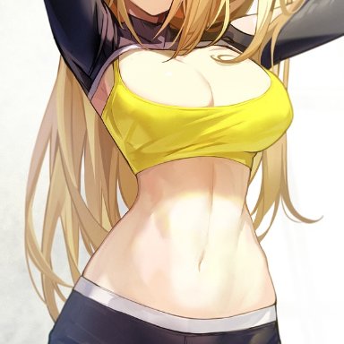 original, 1girls, belly, belly button, blonde hair, breasts, cleavage, earring, eyebrows visible through hair, female, female only, long hair, midriff, purple eyes, solo