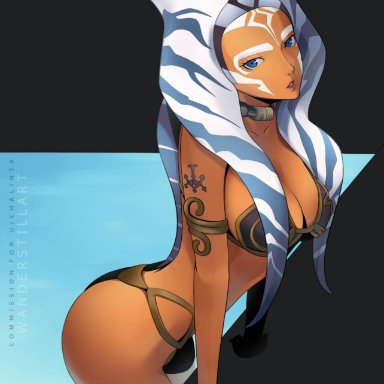 star wars, ahsoka tano, slave leia (cosplay), togruta, athletic female, belly dancer, belly dancer outfit, blue eyes, cleavage, dancer, dancer outfit, harem girl, harem outfit, jedi, large breasts