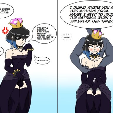 valve, valve (company), valve steam deck, bowsette (cosplay), deck-tan, 1boy, 1femboy, before and after, black eyes, blue hair, clothed, clothed masturbation, crown, dress, ejaculation