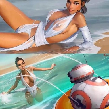 star wars, bb-8, rey, artist request, unknown artist, athletic female, beach, brown hair, droid, human, looking at viewer, robe, robot