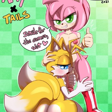 sega, sonic the hedgehog (series), amy rose, tails, saurian (artist), 1boy, 1futa, anthro, back, back view, canid, canine, femboy, fox, futa is bigger