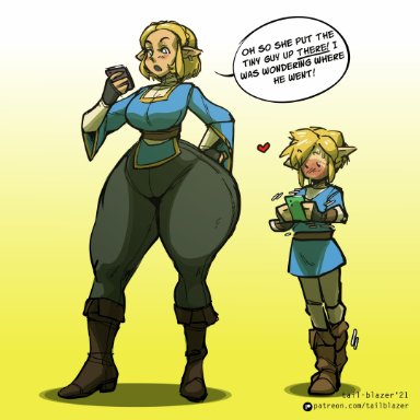 breath of the wild 2, nintendo, the legend of zelda, link, princess zelda, zelda (breath of the wild), tail-blazer, 1boy, 1girls, ass, big ass, big butt, blonde hair, blush, bottom heavy