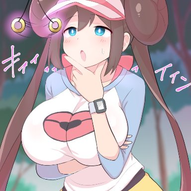 nintendo, pokemon, pokemon bw2, hypno, rosa (pokemon), baconegg23, 1girls, areolae, big breasts, blush, bouncing breasts, breasts, brown hair, cap, collarbone