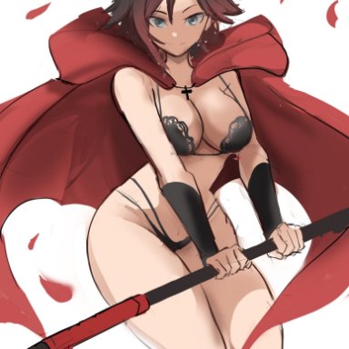 rwby, ruby rose, rakeemspoon, 1girls, black bra, black hair, black panties, bra, breasts, cape, female, female only, hips, large breasts, panties