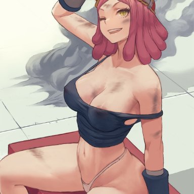 my hero academia, mei hatsume, zefra bleu, 1girls, almost naked, areola, areola slip, areolae, bare shoulders, barely clothed, black gloves, black tank top, bottomless, dirty, dreadlocks