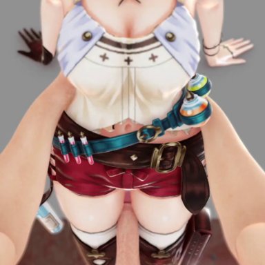 atelier ryza, copyright request, character request, reisalin stout, glory to god, 1boy, 1girls, anonymous male, barefoot, belt, big breasts, big penis, black gloves, boots, breasts