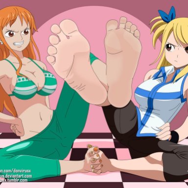 fairy tail, one piece, lucy heartfilia, nami, donvirus, barefoot, feet, foot fetish, foot focus, rivals