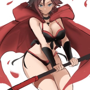 rwby, ruby rose, rakeemspoon, 1girls, bikini, black bikini, black hair, breasts, cape, female, female only, hips, large breasts, posing with weapon, red clothing