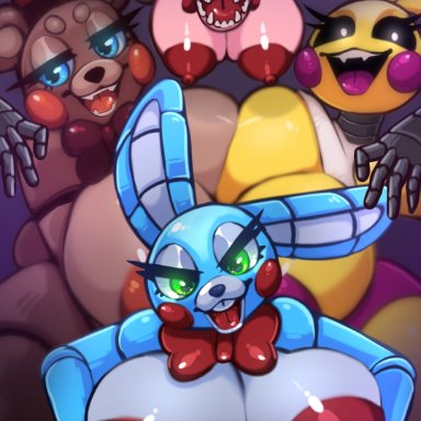 five nights at freddy's, five nights at freddy's 2, scottgames, mangle (fnaf), toy bonnie (fnaf), toy chica (fnaf), toy freddy (fnaf), nic-m-lyc, animatronic, anthro, areola, avian, big breasts, bird, breasts