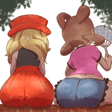 nintendo, pokemon, pokemon xy, serena (pokemon), shauna (pokemon), microsd (artist), 2girls, ass, back view, clothing, female, female only, hat, huge ass, human