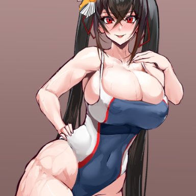 azur lane, taihou (azur lane), 9is, 1girls, ahe gao, black hair, blush, breasts, cleavage, female, female only, hair ornament, hips, huge breasts, long hair