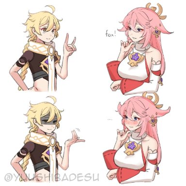 genshin impact, aether (genshin impact), yae (genshin impact), yuushiba, ahoge, blonde hair, blush, pink hair, sexually suggestive, sign language