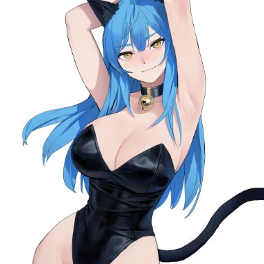 oc, original character, dongho kang, animal ears, armpits, arms up, bell collar, breasts, bunnysuit, cat ears, cat tail, catgirl, cleavage, female, female only
