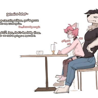 peable, fizzystevie, anthro, bodily fluids, canid, canine, canis, clothed, clothing, collar, cum, domestic cat, duo, eyewear, felid