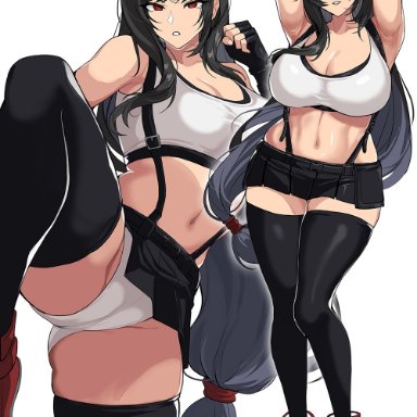 final fantasy, final fantasy vii, final fantasy vii remake, square enix, tifa lockhart, drogod (artist), 1girls, action pose, black hair, breasts, cleavage, clothed, clothed female, crop top, female