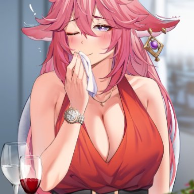 genshin impact, yae (genshin impact), esencey, 1girls, alcohol, anthro, blush, breasts, busty, cleavage, clothing, cutlery, date, dinner, dress