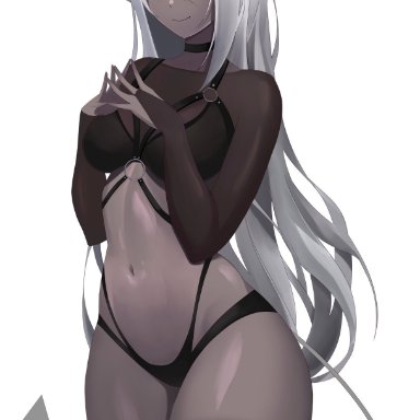 original, amy (meowrim), original character, meowrim, bangs, belly button, black clothing, black panties, black sclera, breasts, choker, dark-skinned female, dark skin, demon, demon girl