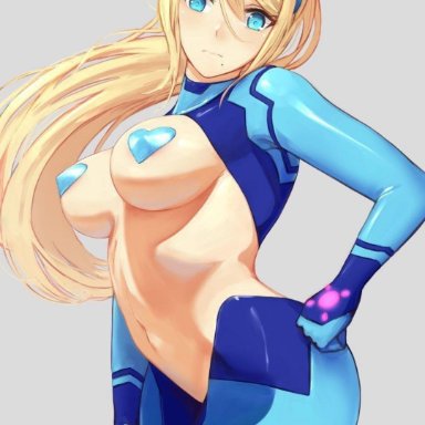 nintendo, samus aran, ippers, 1girls, blonde hair, blue eyes, bunny ears, bunnysuit, heart, long hair, nipple stickers, reverse bunnysuit