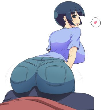 senran kagura, yozakura (senran kagura), jadf, 1boy, 1girls, ass, blush, bulge, buttjob, clothed sex, grinding, huge ass, huge breasts, jeans, looking at viewer