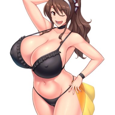 kantai collection, ashigara (kantai collection), kawanuma uotsuri, bikini, breasts, brown eyes, brown hair, cleavage, covered nipples, curvy, female, gigantic breasts, oerba yun fang, open mouth, ponytail