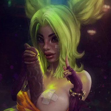 league of legends, zeri (league of legends), ecchioni, 1boy, 1girls, athletic female, bandaids on nipples, clothed, dark-skinned male, elbow gloves, electricity, electrostimulation, green hair, huge cock, human