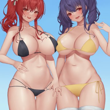 azur lane, pola (azur lane), zara (azur lane), pinkcap, 2girls, ass visible through thighs, bikini, huge breasts, looking at viewer, smile, swimsuit, thick thighs, thighhighs, tongue out